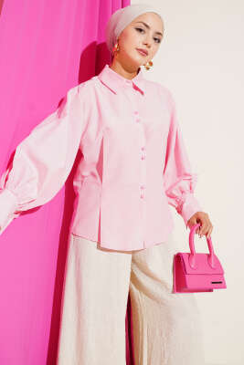Pazarium - Top Düğmeli Pensli Gömlek Pembe