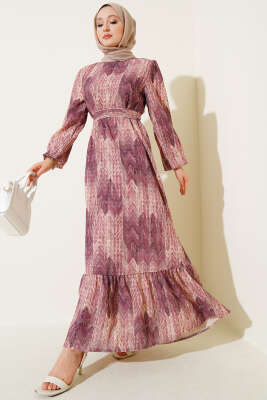 Desenli Viscon Elbise Magenta - Thumbnail