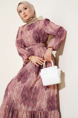 Desenli Viscon Elbise Magenta - Thumbnail