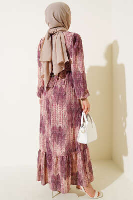 Desenli Viscon Elbise Magenta - Thumbnail