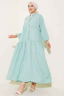 Pazarium - Hakim Yaka Yarım Düğmeli Patlı Elbise Çağla Yeşili