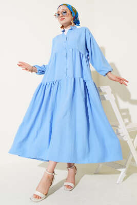 Pazarium - Hakim Yaka Yarım Düğmeli Patlı Elbise Mavi