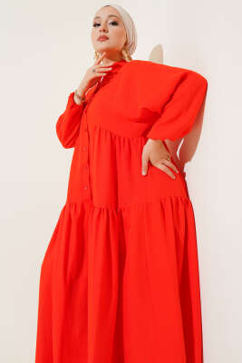 Hakim Yaka Yarım Düğmeli Patlı Elbise Oranj - Thumbnail