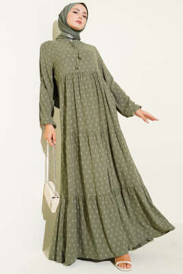 Pazarium - Yaka İpli Çapa Desenli Elbise Haki