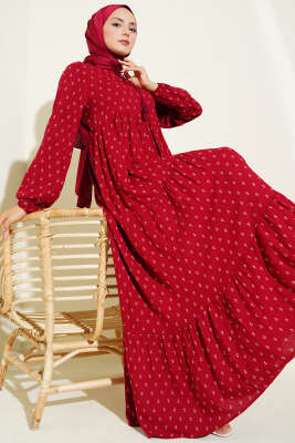 Pazarium - Yaka İpli Çapa Desenli Elbise Bordo