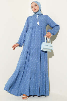 Pazarium - Yaka İpli Çapa Desenli Elbise İndigo