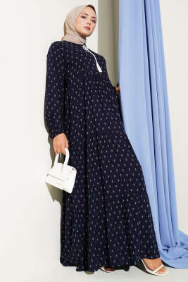 Pazarium - Yaka İpli Çapa Desenli Elbise Lacivert