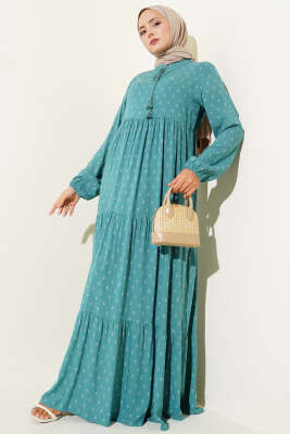 Pazarium - Yaka İpli Çapa Desenli Elbise Petrol