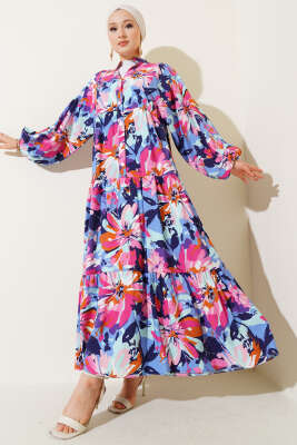 Pazarium - Yarım Düğmeli Karmaşık Desenli Elbise İndigo