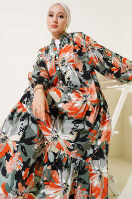 Pazarium - Yarım Düğmeli Karmaşık Desenli Elbise Haki