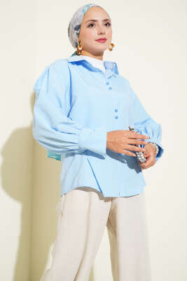 Pazarium - Top Düğmeli Pensli Gömlek Mavi