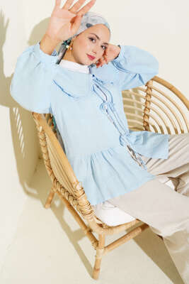 Pazarium - Bebe Yaka İp Bağlamalı Kimono Bebe Mavi