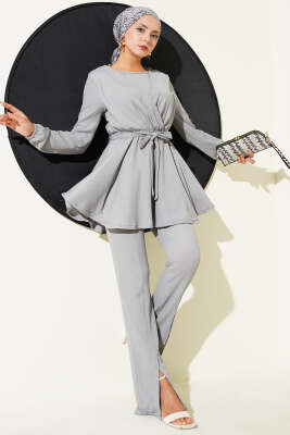 Pazarium - Bürümcük Bel Lastikli İkili Takım Gri