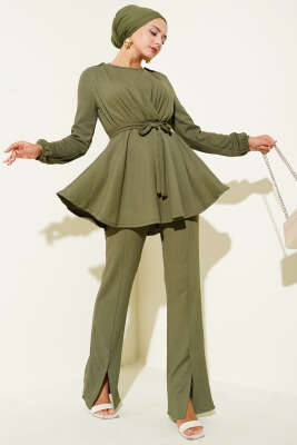 Pazarium - Bürümcük Bel Lastikli İkili Takım Haki