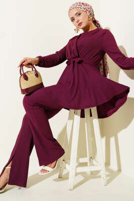 Pazarium - Bürümcük Bel Lastikli İkili Takım Mürdüm