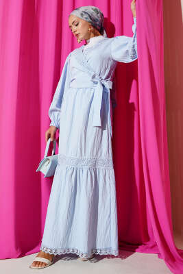 Pazarium - Dantelli Önden İp Bağlamalı İkili Takım Bebe Mavi