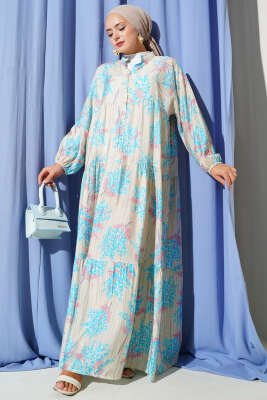 Pazarium - Çiçek Detaylı Yarım Düğmeli Elbise Bebe Mavi