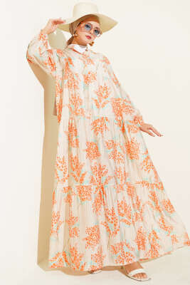 Pazarium - Çiçek Detaylı Yarım Düğmeli Elbise Oranj