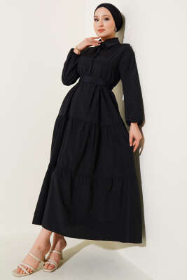 Pazarium - Yarım Düğmeli Kuşaklı Kat Elbise Siyah