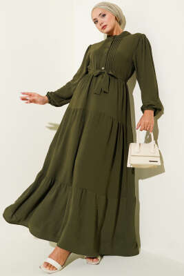 Pazarium - Yarım Piliseli Düğmeli Elbise Haki