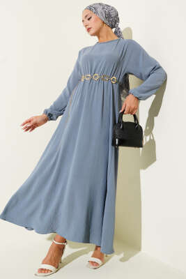 Pazarium - Bel Lastikli Ayrobin Basic Elbise Kayrak Grisi