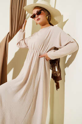 Pazarium - Bel Lastikli Ayrobin Basic Elbise Bej