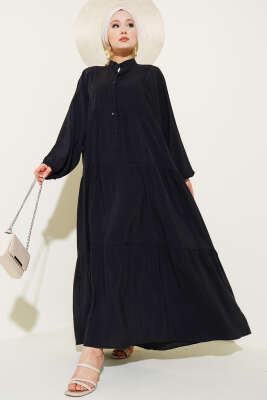 Pazarium - Düğmeli Bilek Lastikli Elbise Siyah