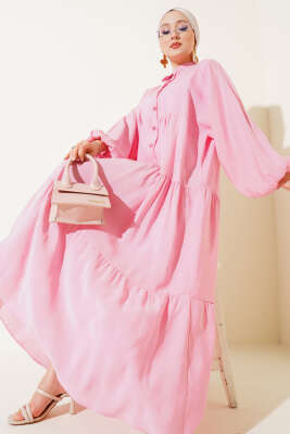 Pazarium - Düğmeli Bilek Lastikli Elbise Pembe