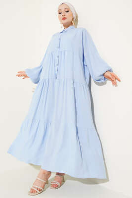 Pazarium - Düğmeli Bilek Lastikli Elbise Mavi