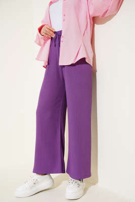 Pazarium - Bel İp Detaylı Bürümcük Pantolon Lila