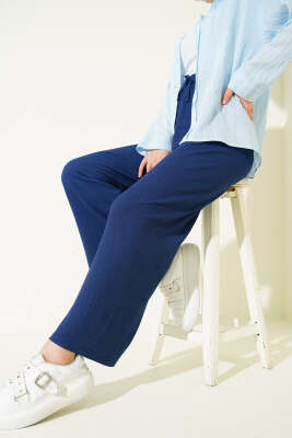 Pazarium - Bel İp Detaylı Bürümcük Pantolon Indıgo