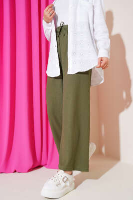 Pazarium - Bel İp Detaylı Bürümcük Pantolon Haki