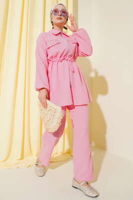 Pazarium - Cep Kapak Taşlı Bel Tünelli Keten Takım Pembe