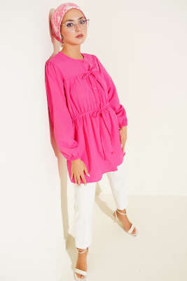 Pazarium - Önü Büzgülü Bağcıklı Gömlek Fuşya