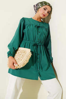 Pazarium - Önü Büzgülü Bağcıklı Gömlek Yeşil