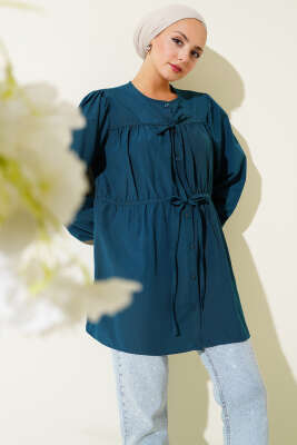 Pazarium - Önü Büzgülü Bağcıklı Gömlek Petrol