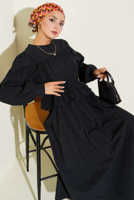 Pazarium - Büzgü Detaylı Bluz Etek İkili Takım Siyah