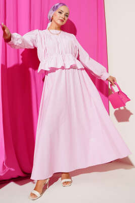 Pazarium - Büzgü Detaylı Bluz Etek İkili Takım Pembe