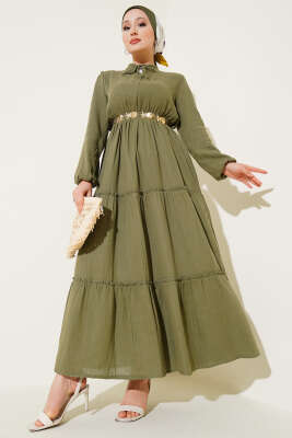 Pazarium - Beli Lastikli Kat Elbise Haki