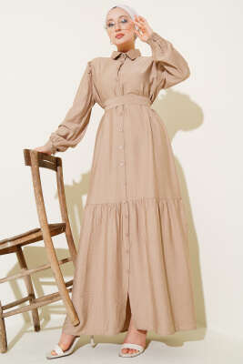 Pazarium - Boydan Düğmeli Volanlı Elbise Latte