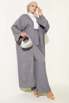 Taş Fiyonklu Kimono İkili Takım Füme - Thumbnail