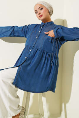 Pazarium - Bilek Bağcıklı Taş Düğmeli Kot Gömlek Koyu Kot