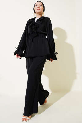 Pazarium - Fırfır Detaylı Bel Lastikli İkili Takım Siyah