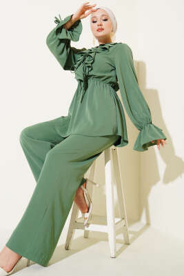 Pazarium - Fırfır Detaylı Bel Lastikli İkili Takım Haki