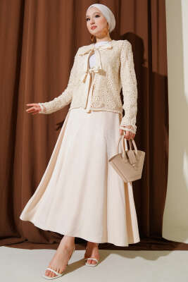 Pazarium - Dantelli Bağcıklı Etekli İkili Takım Bej