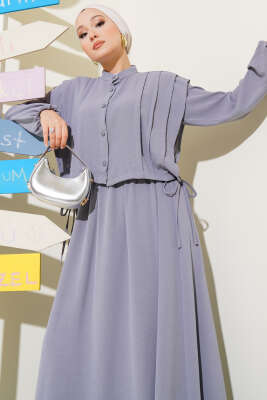 Pazarium - Önü Pile Detaylı Bolerolu Elbise Gri