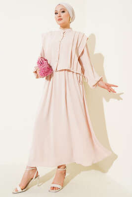 Pazarium - Önü Pile Detaylı Bolerolu Elbise Bej