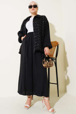 Pazarium - Sim Püskül Detaylı Etekli İkili Takım Siyah