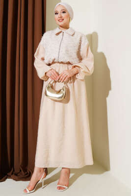 Pazarium - Sim Püskül Detaylı Etekli İkili Takım Bej