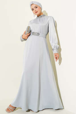 Pazarium - Taş İşlemeli Saten Abiye Elbise Gri